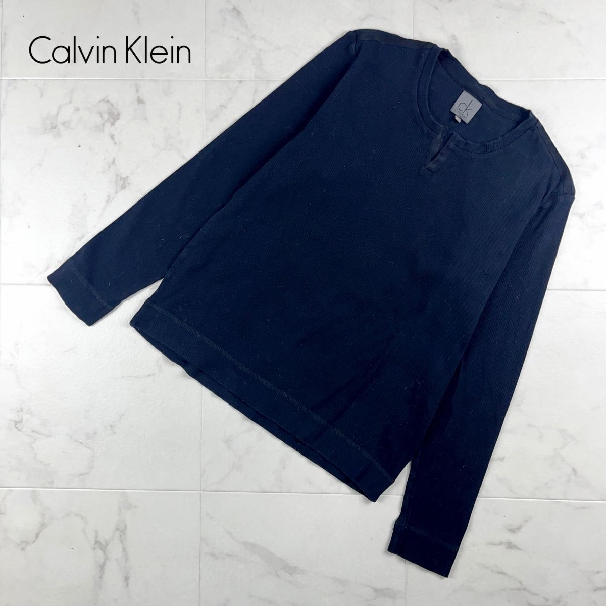 CALVIN KLEIN カルバンクライン リブ キーネック クルーネック長袖カットソー トップス レディース 黒 ブラック サイズL*LC85拍卖