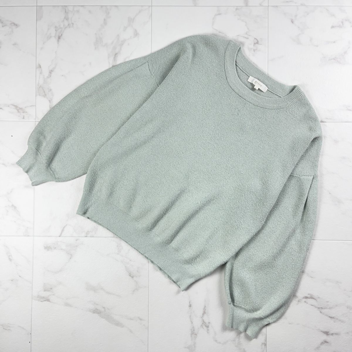 grove グローブ ボリューム袖丸襟ニット ラメ 長袖 トップス レディース グリーン サイズL*LC1381拍卖