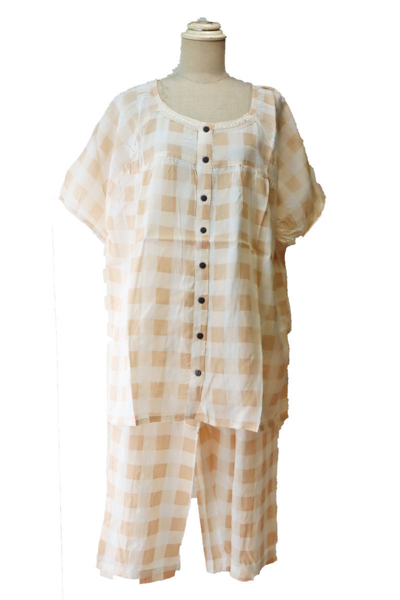 p35 ナイトウェア 夏 パジャマ 上下セット 涼感素材 部屋着 Mサイズ チェック ベージュ かわいい レディースファッション レーヨン拍卖