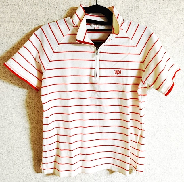 Lサイズ KENSHO ABE 半袖 ポロシャツ ハーフジップ ボーダー 赤×白拍卖