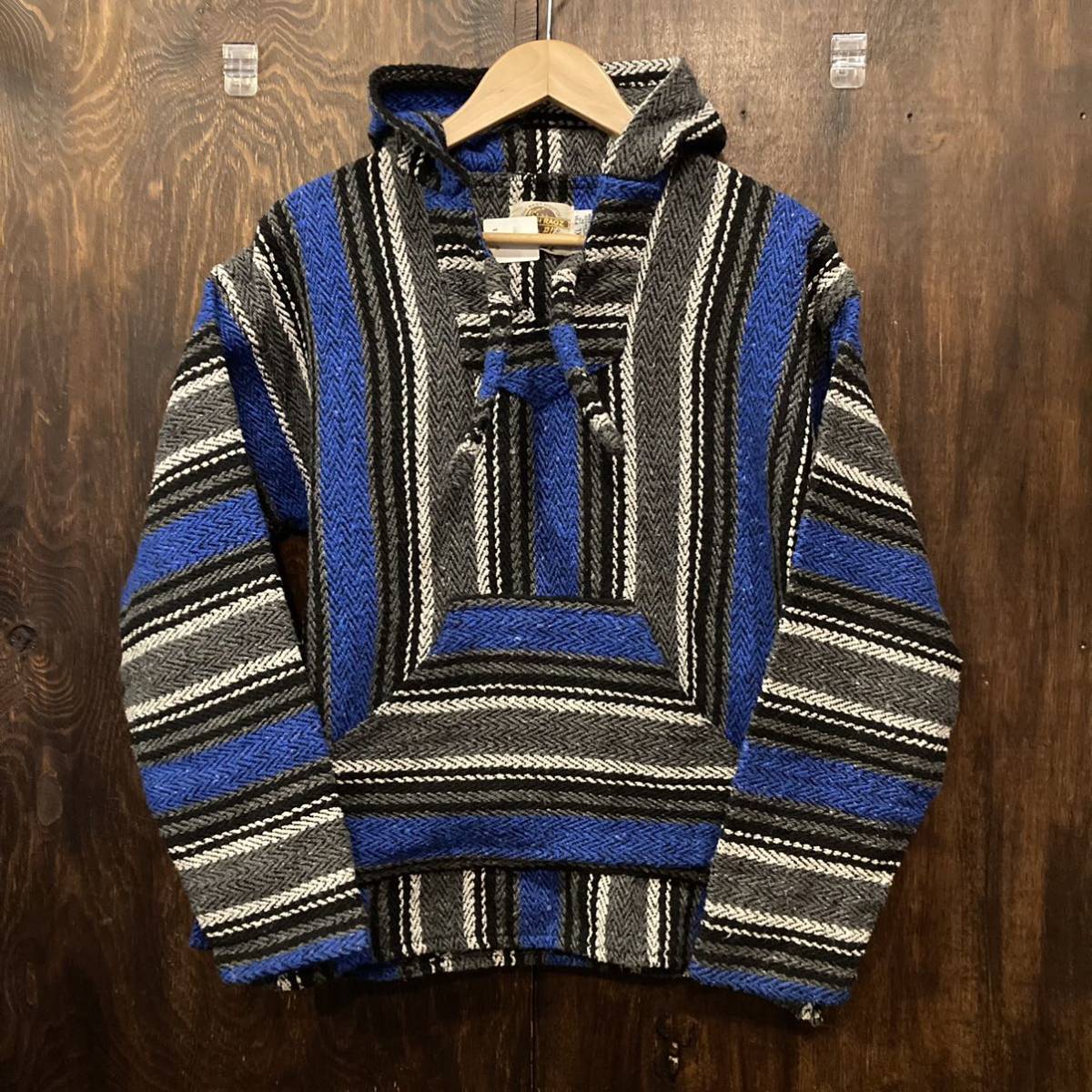 アメリカ古着 USA古着 メキシカンパーカー グレー×青 メキパ 総柄パーカー KIDS XL拍卖