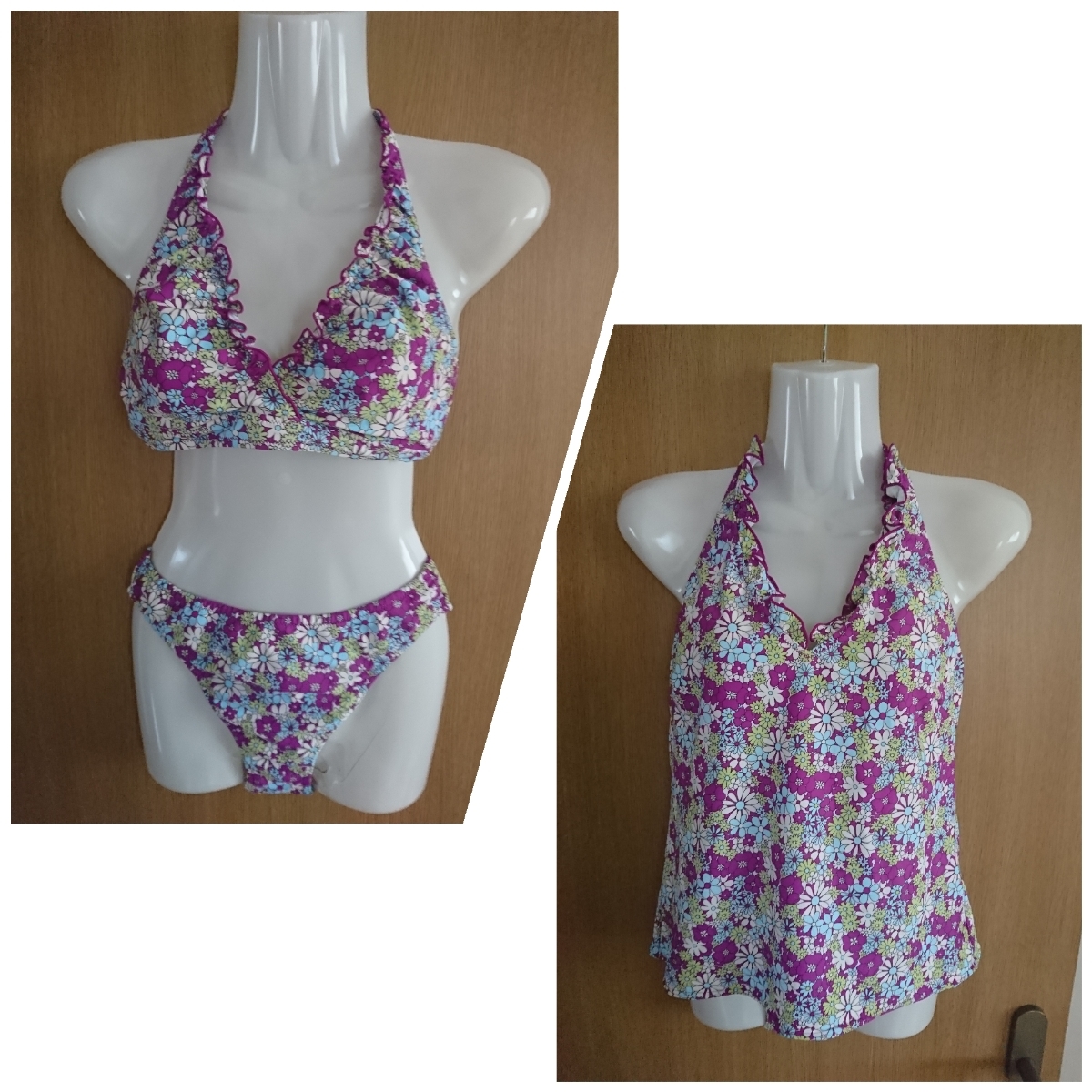 ☆紫×白×黄色☆レトロフラワー柄のビキニ3点セット☆タンクトップ付き☆サイズ11L☆拍卖
