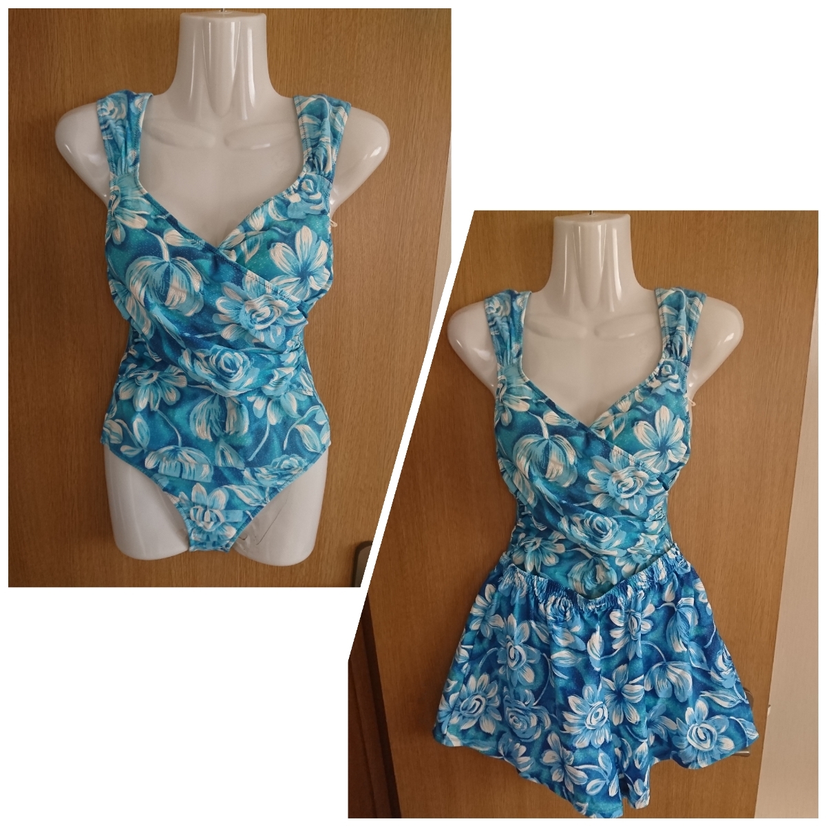 ☆大きいサイズ☆花柄のワンピース水着2点セット☆水色×白☆ショートパンツ付き☆サイズ13L☆拍卖