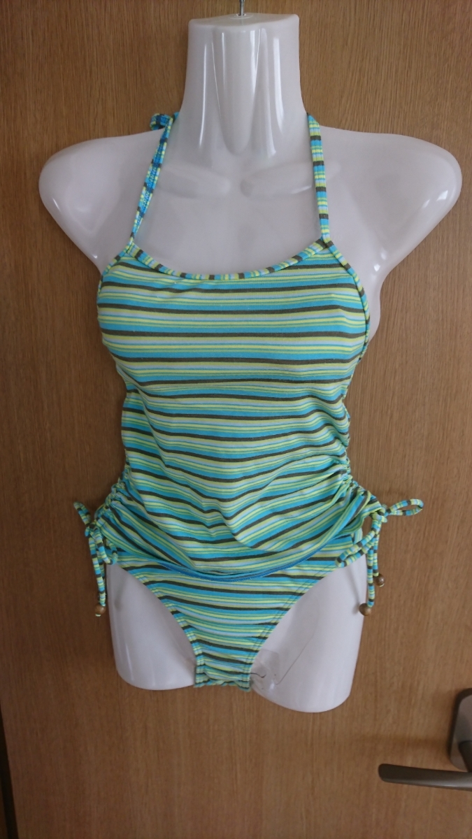 ☆ボーダー柄のタンキニ水着2点セット☆水色×黄×茶☆サイズ7S☆(株)シュリーヌ☆拍卖