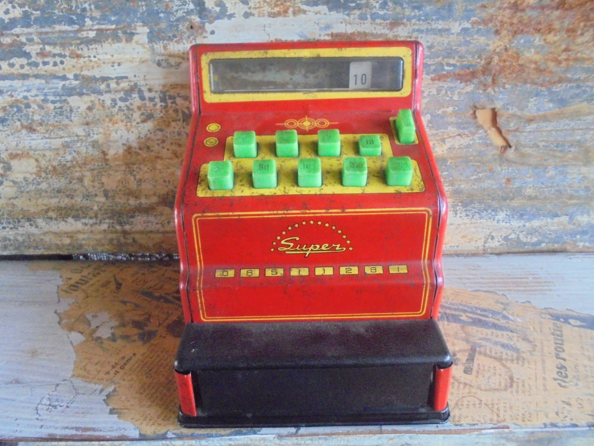 【アサヒ玩具ブリキ製レジスター】おもちゃキャッシャー古道具アンティークインテリアインダストリアル骨董駄菓子屋金庫引出し小物入れ拍卖