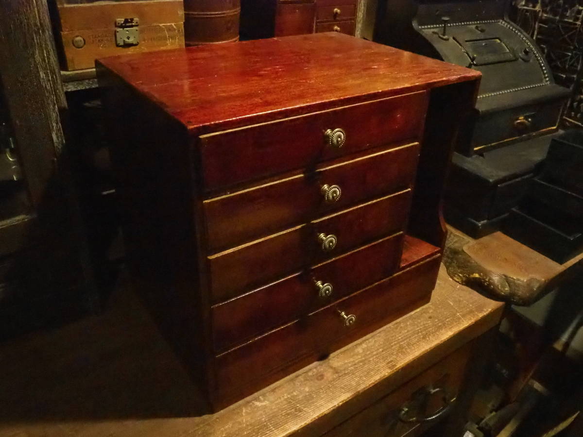 【本棚付き5段引出し収納】無垢材事務書棚インテリア文具ウッドアンティークインダストリアル古道具カフェ箪笥レジ台金庫キャビネット拍卖