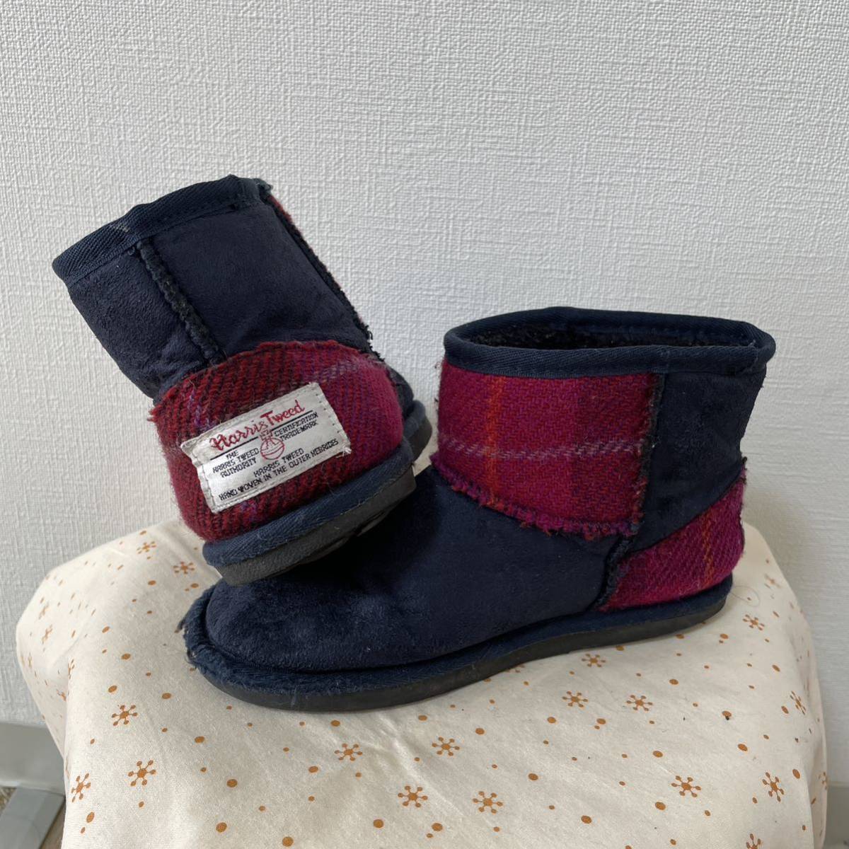 送料無料! ハリスツイード ムートンブーツ☆ 21cm しまむら ネイビー レッド拍卖