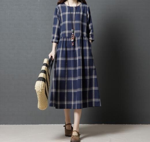 「同梱1万円送料無料」秋*新品*チェック柄*カジュアル*可愛い**ゆったり****レディース*ミモレ丈*ワンピース**ネイビー選択/XLサイズ拍卖