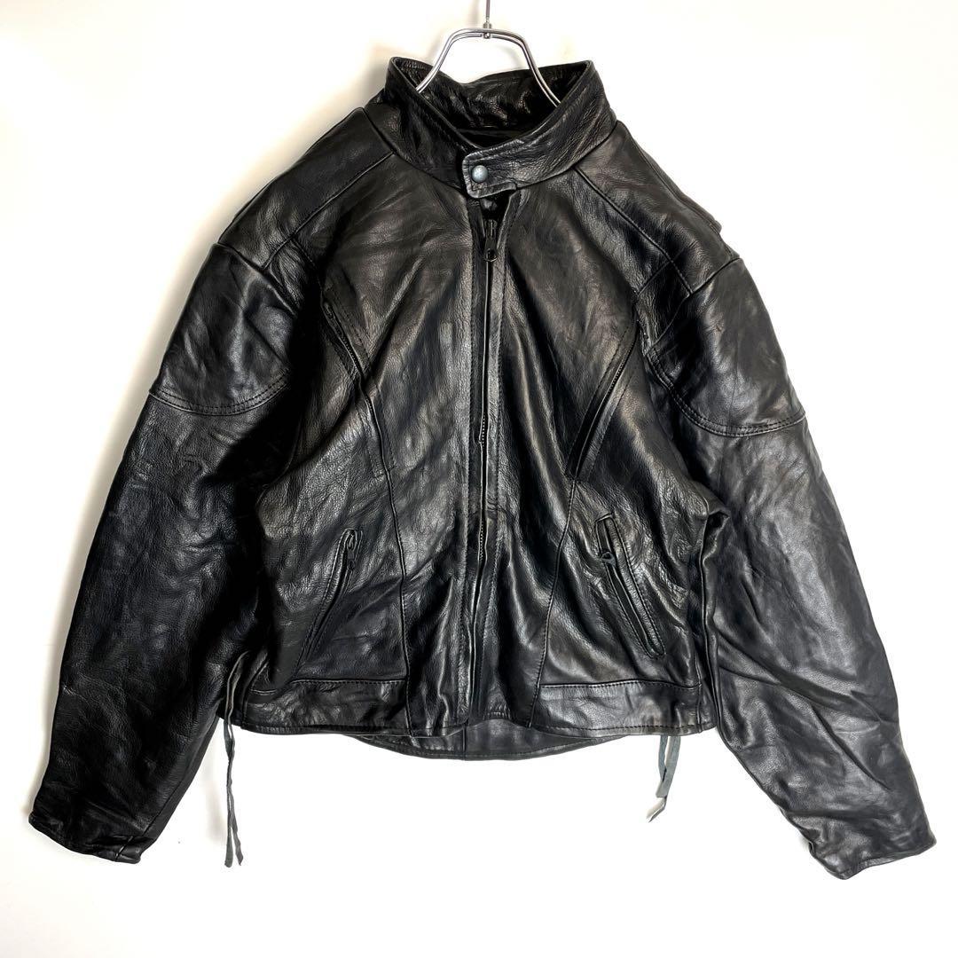 ヴィンテージ本革リアルレザージャケット中綿入りライダース黒ブラックレースアップ拍卖