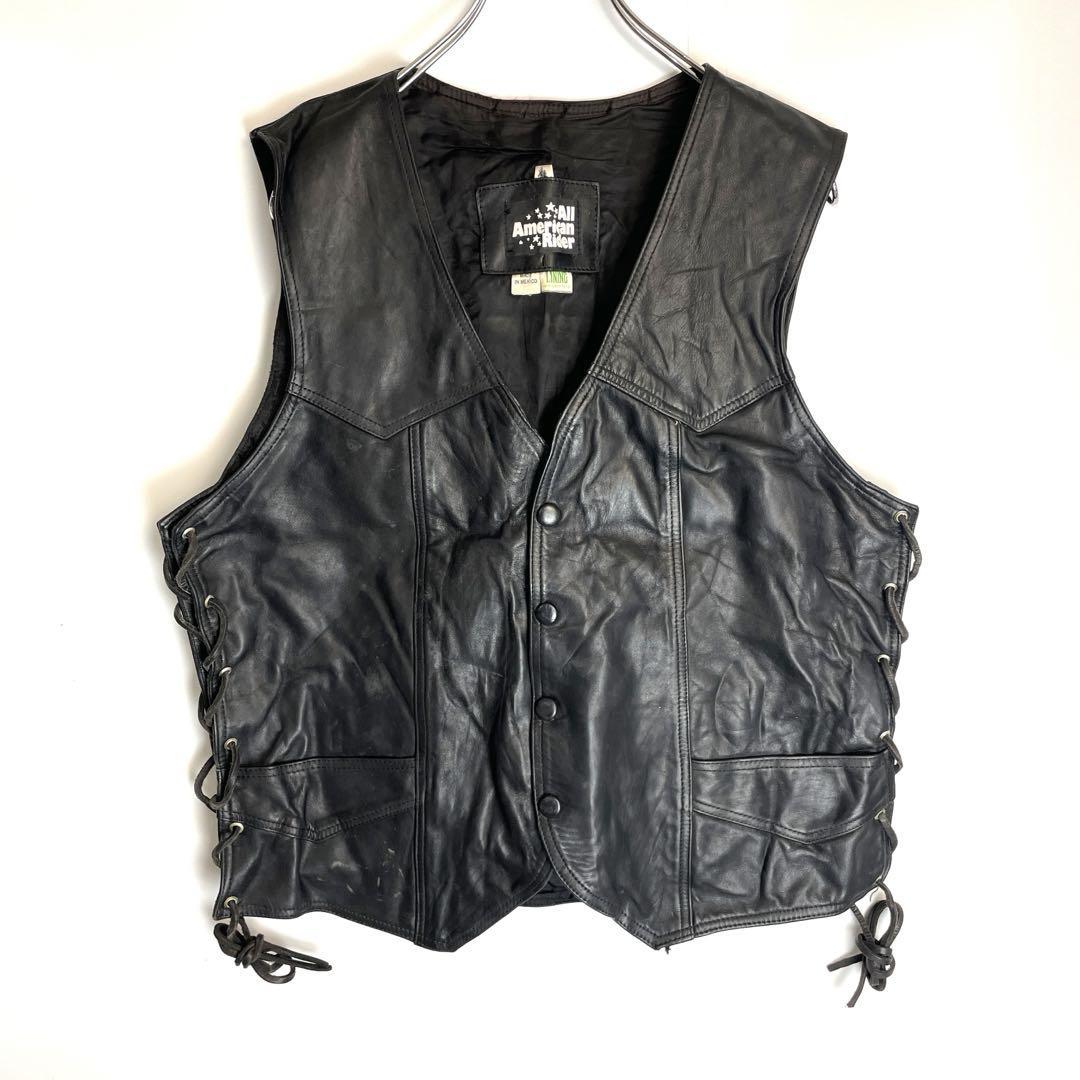 AllAmericanRiderレザーベストY2Kサイドレースアップ黒ブラック拍卖