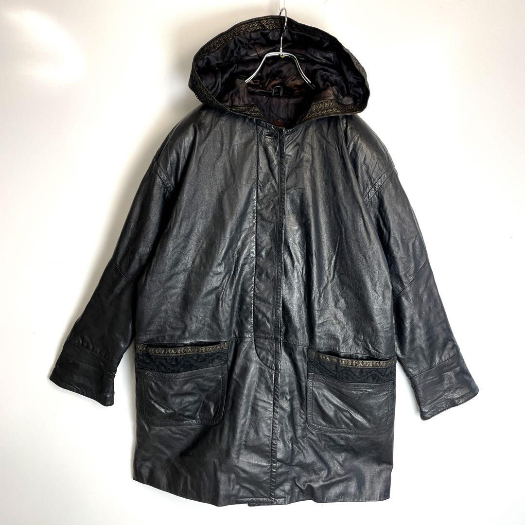 Hunters Runレザーコート裏地キルティング中綿入りバロック模様ブラック拍卖