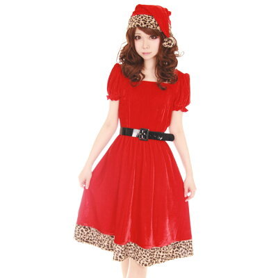 新品 サンタワンピース 3点セット ドレッシーサンタ 大人サンタ セミロング丈 M フリー レオパード ヒョウ柄 パーティー クリスマス ベロア拍卖