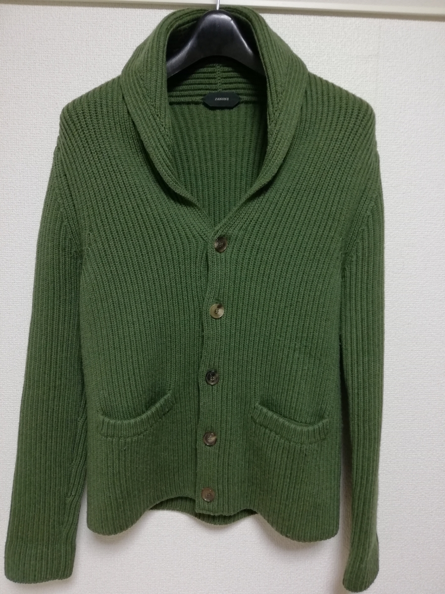 即決 zanone ミドルゲージ リブ編み バージンウール ニット カーディガン 46 グリーン ザノーネ拍卖