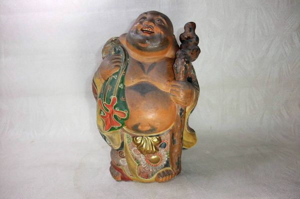 【睦】九谷 色絵 盛り上 古い 布袋さん 骨董 古美術 置物■拍卖
