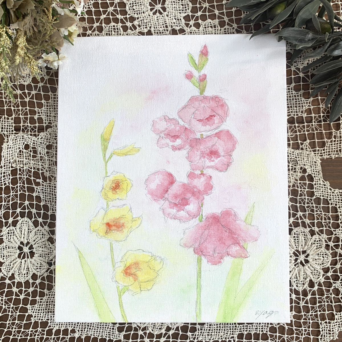 nyago 水彩画 グラジオラス 花 植物画 絵 絵画 オリジナル イラスト キャンバス 手描きイラスト 画家 原画 真作 アート インテリア拍卖