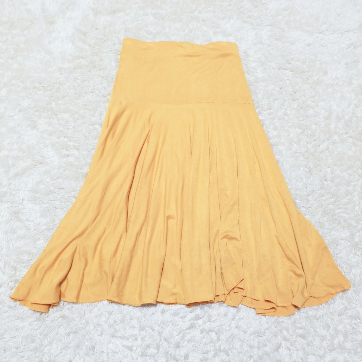 送料無料★Y1259 ウエストゴム フレアスカート ハイストレッチ ひざ下丈 レディース M相当 マスタード系 無地 表示タグなし拍卖