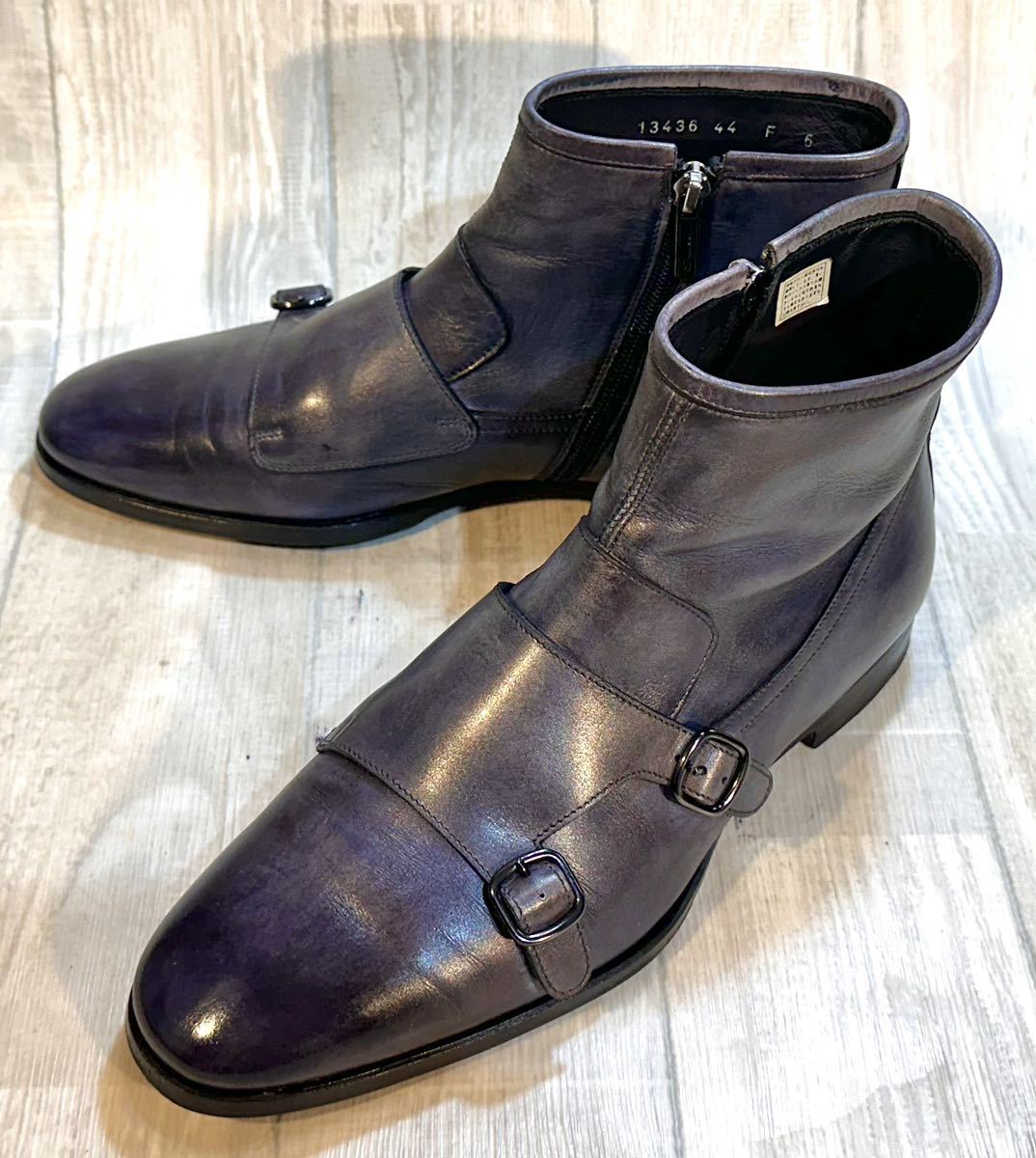 Santoni サントーニ◆24.5cm 6◆ITALY製◆サイドジップブーツ ダブルモンクストラップ 革靴 本革 ビジネスシューズ ドレス 靴 メンズ 紺拍卖