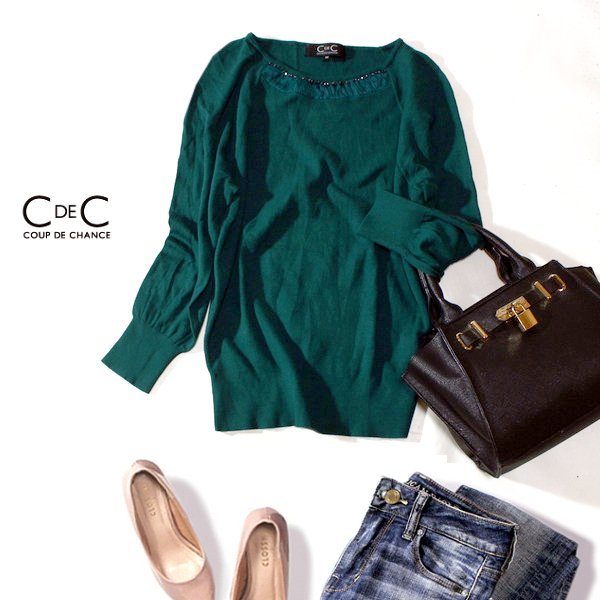 美品 COUP DE CHANCE クードシャンス ビーズ・レース切り替え 綺麗め レーヨンストレッチ ニット プルオーバー 38号 M 春 秋 合服 24A01拍卖