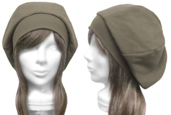 ◇送料無料◇ ハンドメイド◆リブ付ベレー帽◆リブ織コットンニット/カーキ ◇ゆったりサイズ・小顔効果・長いシーズン着用◇拍卖