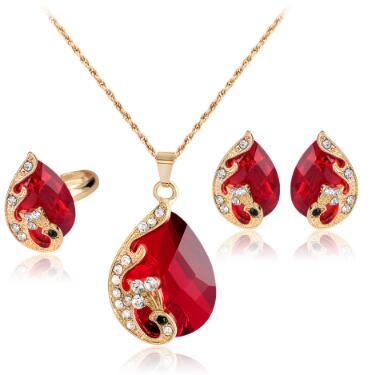 ネックレス&ピアス&リングセット (レッド×ゴールド)ティアドロップ 結婚式 パーティー フォーマル 謝恩会 演奏会 発表会 新品拍卖