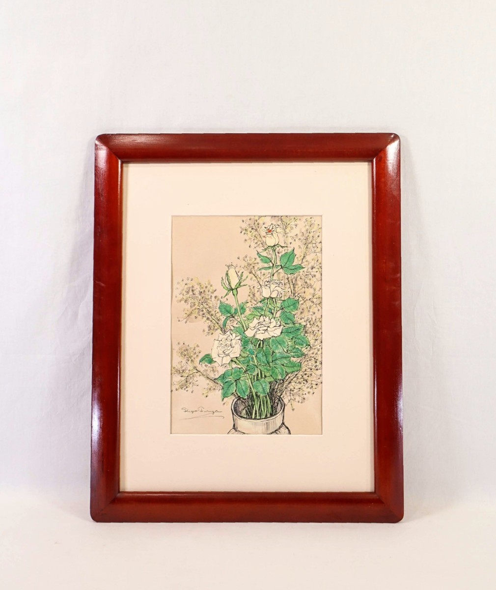 真作 古屋茂男 水彩「ばら」画寸 25cm×35cm 山梨県出身 山美会会長 繊細な筆致で瑞々しく描く白い薔薇とかすみ草 8488拍卖