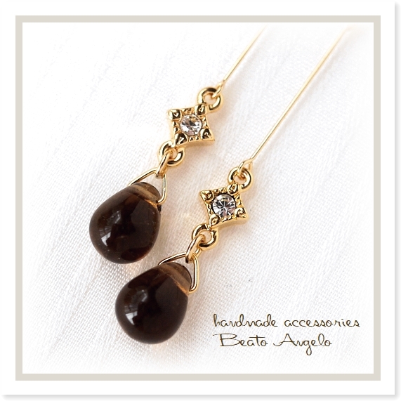 ◇◇+angelo+チェコドロップと石留めスクエアのピアス(p-503)スモーキートパーズ G ブラウン ラインストーン拍卖