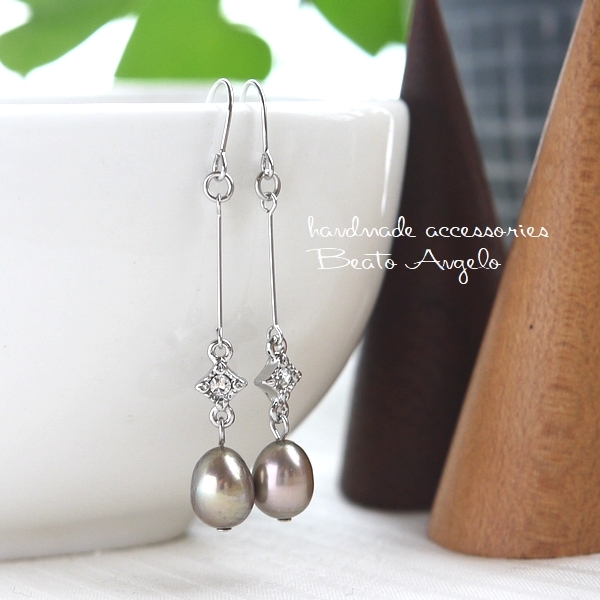 ◇◆+angelo+淡水パールと石留めスクエアのピアス(p-135)シャンパンゴールド G ラインストーン 鋼線拍卖