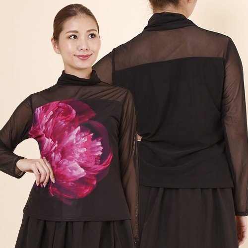 新品◎社交ダンストップス ◎絵画風薔薇プリントが 素敵 黒 ブラックXワイン 普段にも拍卖