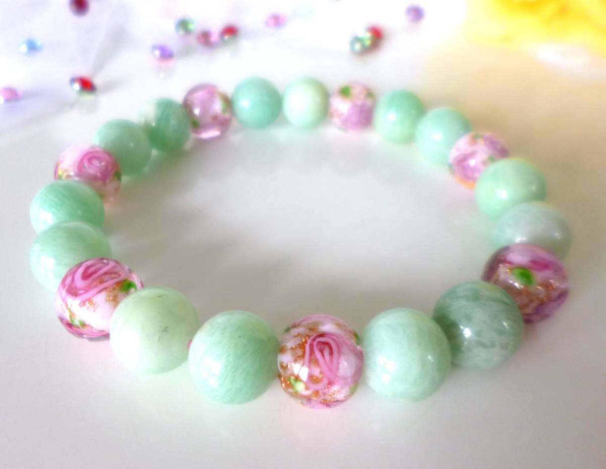 ☆希少☆月のパワー☆月の雫の石☆グリーンムーンストーン☆ ☆可愛い☆ローズピンク☆薔薇のとんぼ玉☆ ☆10mm☆ ☆17cm☆拍卖