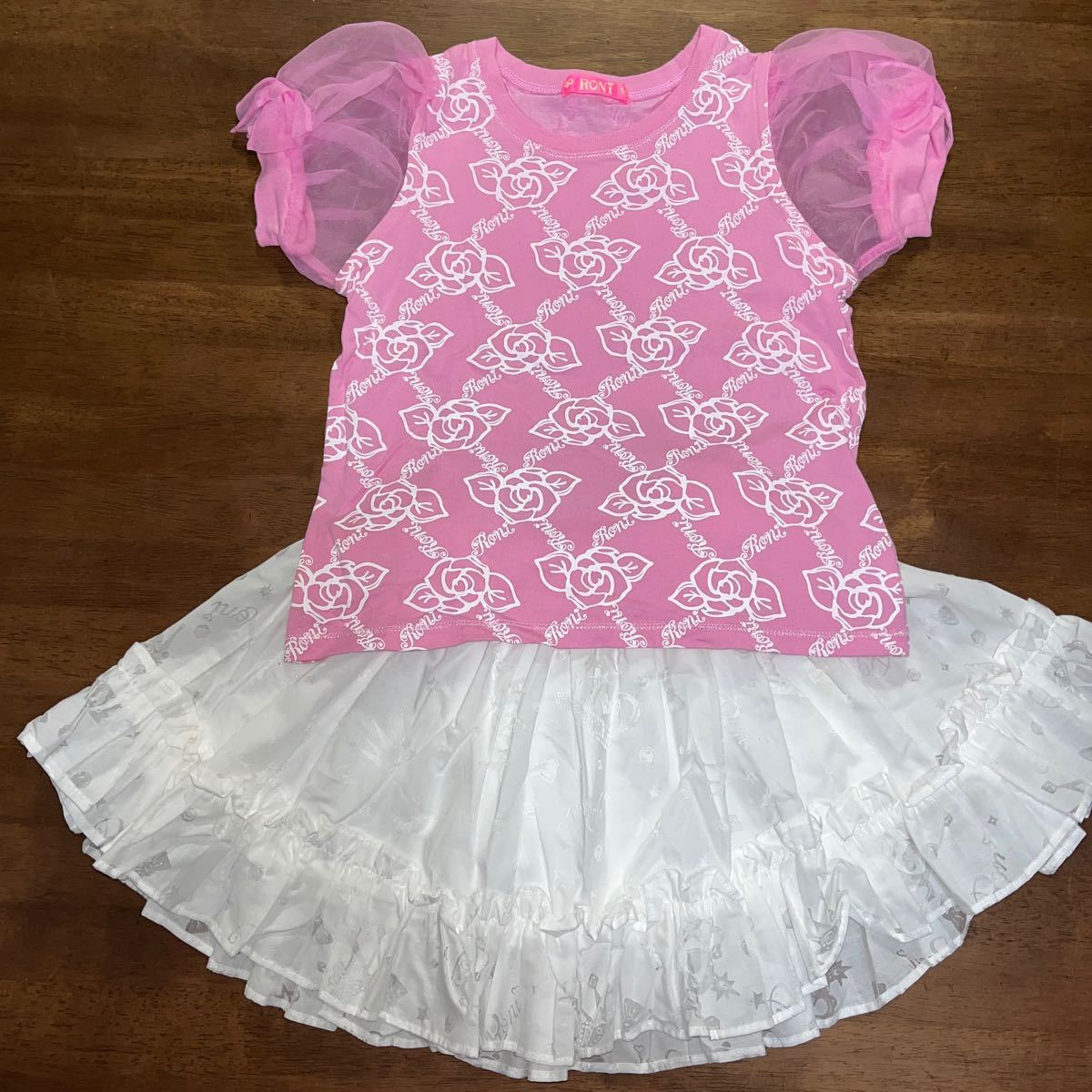 【RONI/ロニィ】Tシャツ ミニスカート サイズM 130㎝前後 中古 ピンク×白 上下2枚セット拍卖