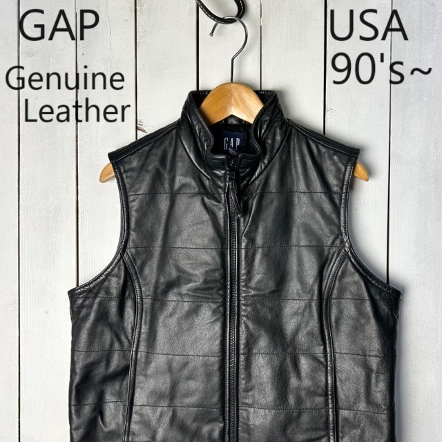 USA古着 美品 90s~ GAP 本革 中綿レザーベスト S程度 黒 オールド ギャップ ヴィンテージ アメリカ古着 牛革 秋冬 ユニセックス ●73拍卖