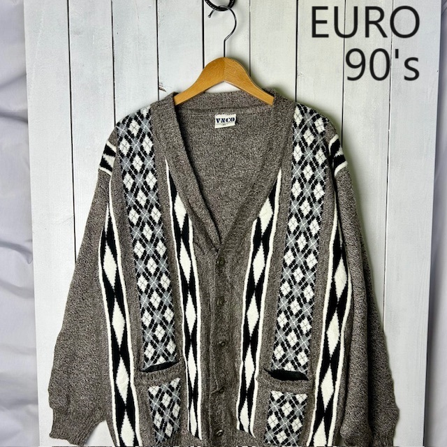 ヨーロッパ古着 90s ドイツ アーガイル切替え アクリルニットカーディガン XL オールド ヴィンテージ ユーロ ライン切替え ●253拍卖