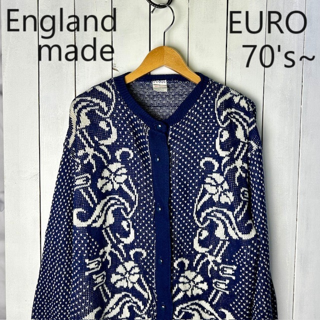 ヨーロッパ古着 70s80s~ イギリス製 バーズアイ ジャガードニットカーディガン XL程度 アクリル オールド ヴィンテージ ユーロ ●254拍卖