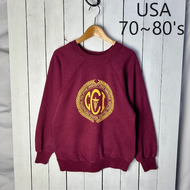 USA古着 70s~80s USA製 カレッジプリント ラグランスウェット M エンジ XS~S程度 オールド ヴィンテージ アメリカ古着 50/50 小さめ●206拍卖