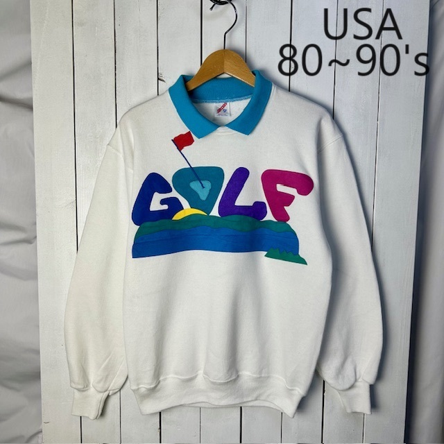 USA古着 80s~90s USA製 GOLF柄 襟付きスウェット M 38-40 白 JERZEES オールド ヴィンテージ アメリカ古着 ワッペン RUSSELL ●212拍卖