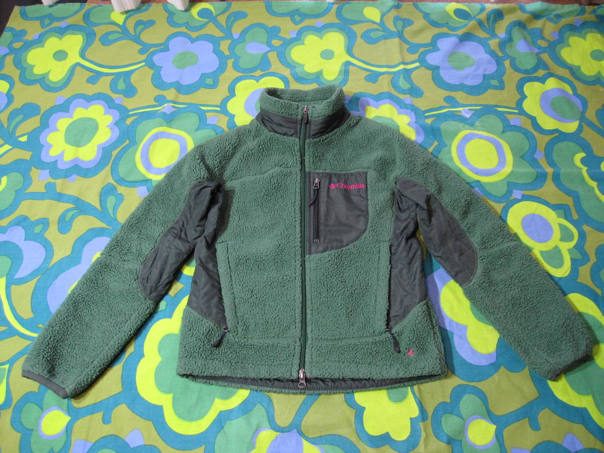 Columbia コロンビア フルZIP ボア フリース アウター グリーン レディースXS USEDキレイ キャンプ アウトドア拍卖