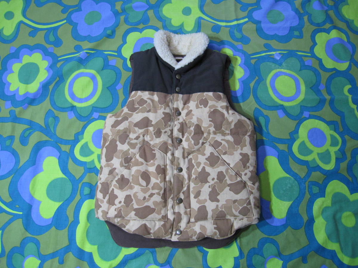 EDIFICE エディフィス 中綿入 ボア ベスト メンズ38/M 迷彩×濃いカーキ 日本製 USEDキレイ アウトドア キャンプ拍卖