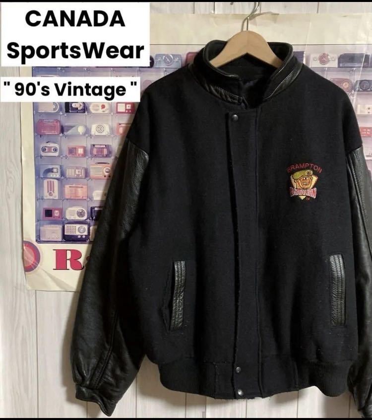 90s カナダ製CANADA SportsWear袖レザースタジャンバーシティジャケットカナダスポーツウエア アワードウェアOHL Brampton Battalionモデル拍卖