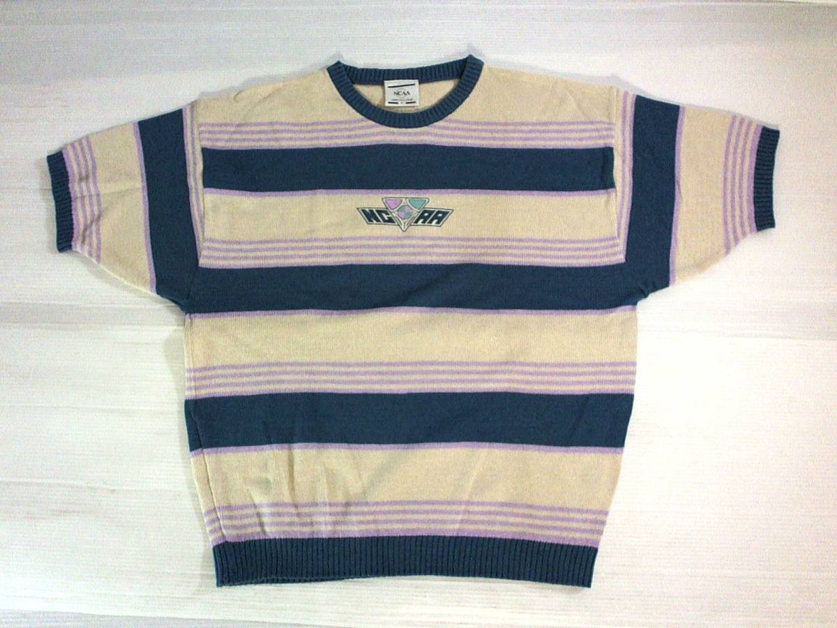 ●美品★国製・デサント製☆エヌシーエーエー【NCAA】綿 アクルル ニット 半袖セーター 半袖シャツ プルオーバー M ベージュ 濃紺 紫拍卖
