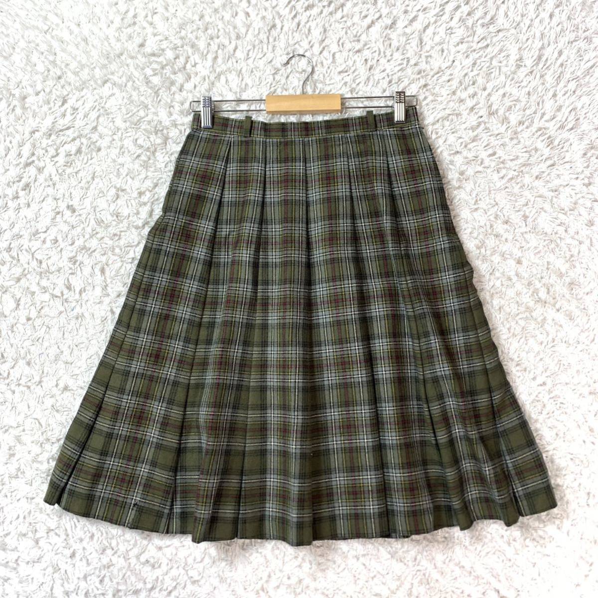 Leilian レリアン プリーツスカート グリーン チェック ウール100% 大きいサイズ 13 YA5834拍卖