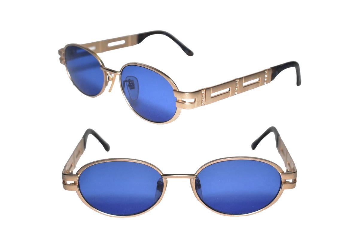 VINTAGE日本製【LANCEL/ランセル】TITAN-P ラウンド型 サングラス ラインストーン ブルーレンズ ゴールド ヴィンテージ オールド眼鏡拍卖