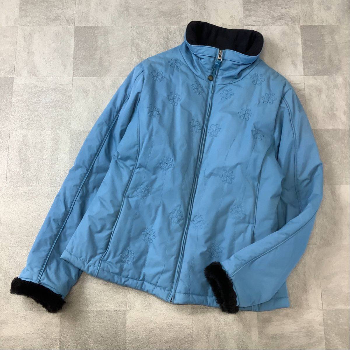 L.L.Bean エルエルビーン 花刺繍 エコダウンジャケット 中綿 ポリジャケット レディース Lサイズ ブルー アウトドア キャンプ 登山拍卖