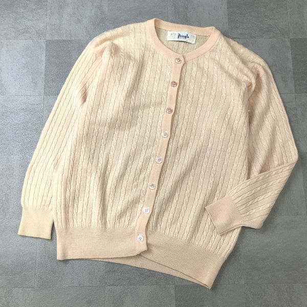 【高級スコットランド製】Pringle of SCOTLAND プリングル ケーブルニット カーディガン レディース 40/102 L ライトピンク拍卖