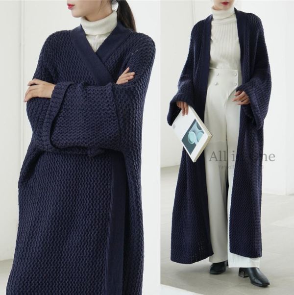 63-3-30 秋冬 ゆったりとしたロングニットカーディガン【ネイビー,大きめフリーサイズ】レディース アウター 大きいサイズ 新品 1拍卖