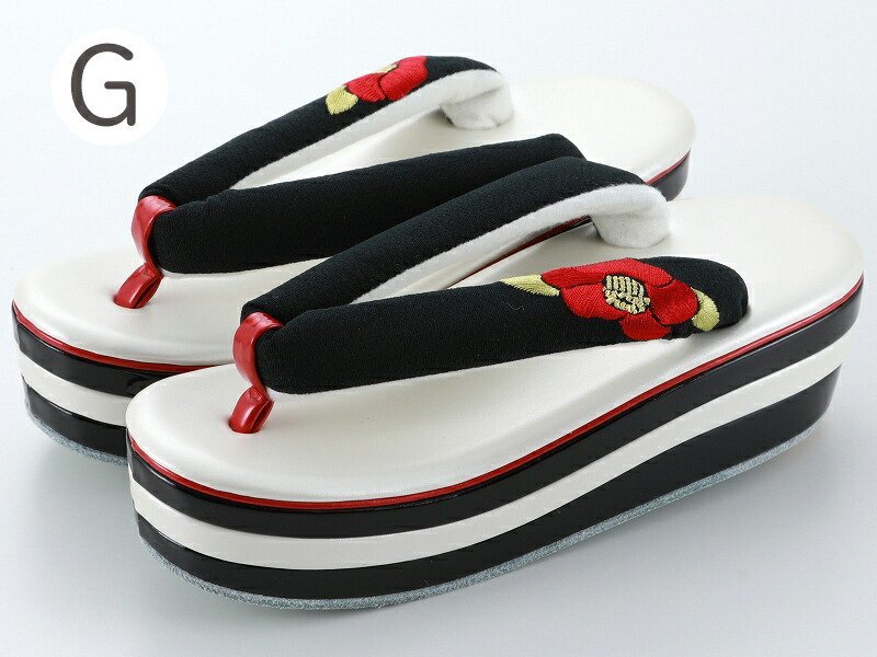 振袖用 椿の刺繍入り かかと高 草履 三枚芯 フリーサイズ zs-618(G白台黒鼻緒)拍卖