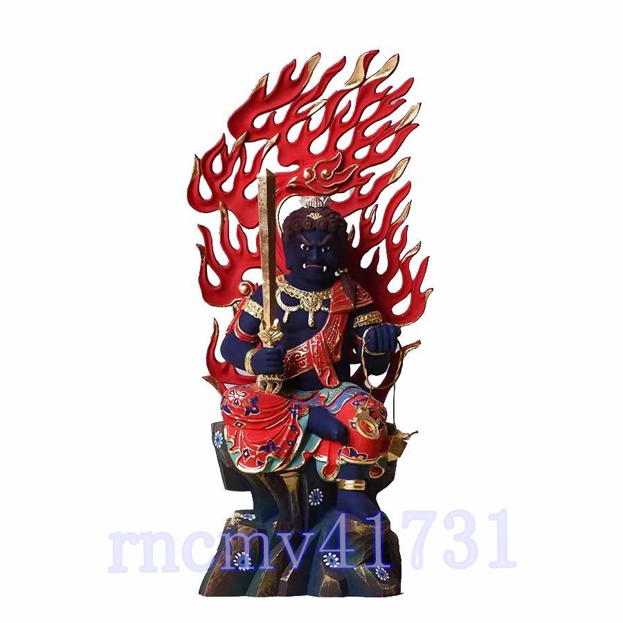 「81SHOP」高さ23cm★ 総檜材 不動明王座像 彩色 木彫仏像 仏教美術 職人手作り 精密細工拍卖