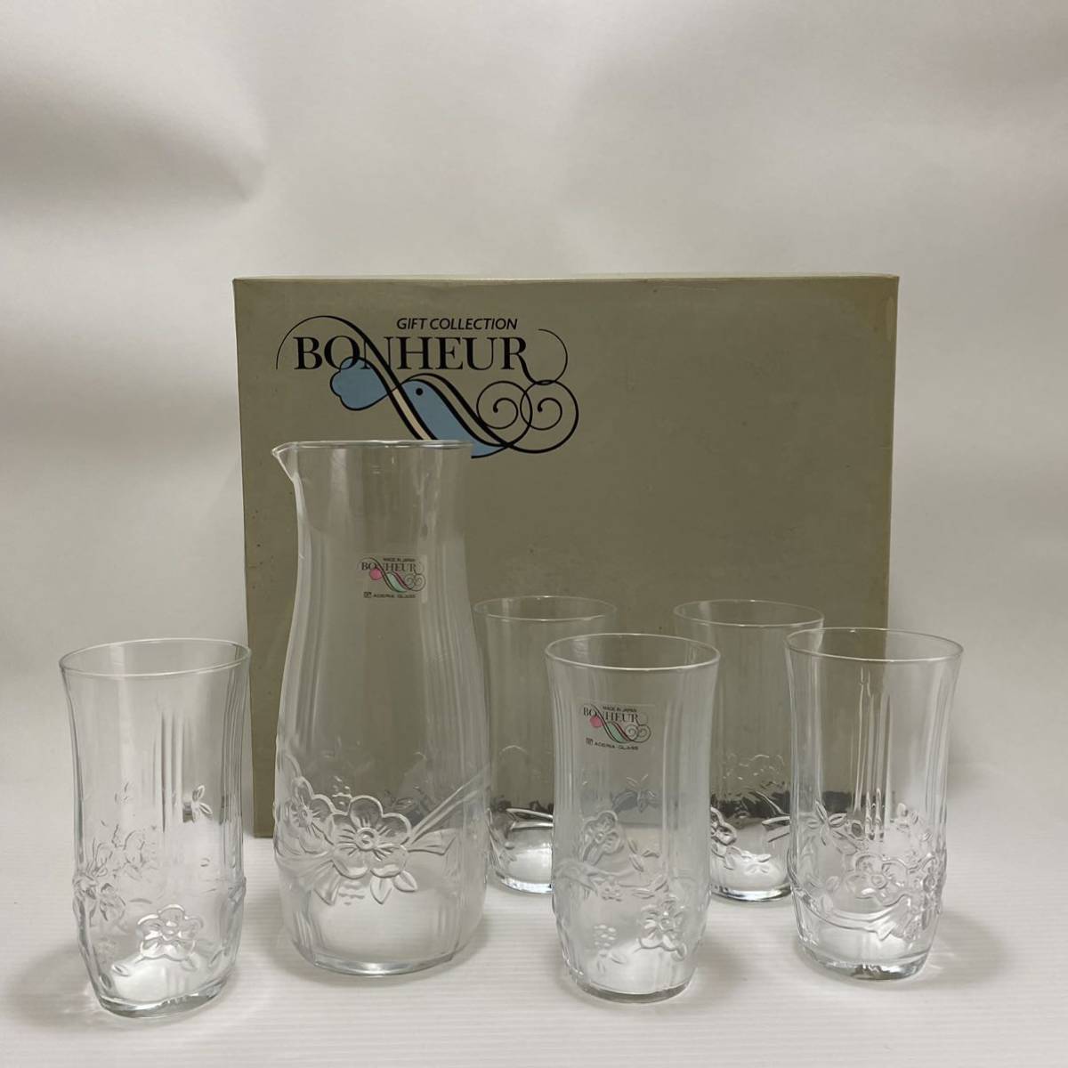 BONHEUR ADERIA GLASS グラス ウォーター ピッチャー セット ドリンクピッチャー ジャグ クリスタルガラス 花柄 クリア 未使用拍卖