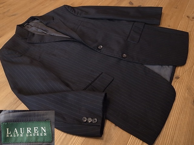 RALPH LAUREN ラルフローレン ウール オールシーズン 黒 ストライプ 2釦 テーラード ジャケット ブレザー アメリカ古着 サイズ 40R L 相当拍卖