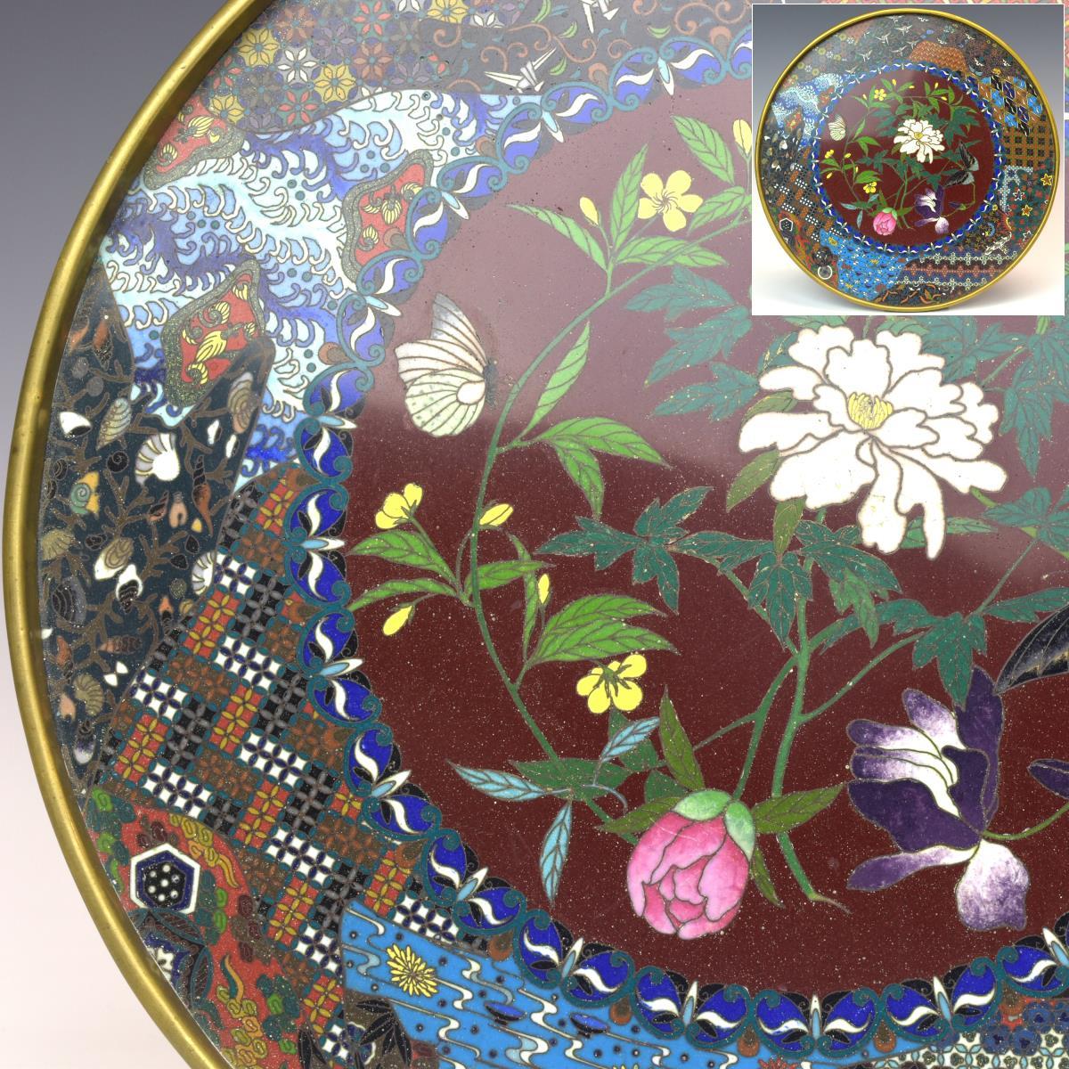 【趣楽】 希少 明治時代 七宝焼 花蝶図細密小紋煎茶盆 直径30,7cm 重量1114g A1971拍卖