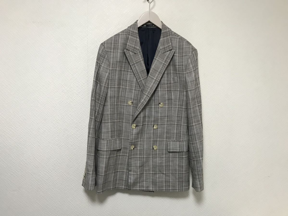美品本物ザラZARAチェック柄サマーダブルジャケットメンズサーフアメカジビジネススーツグレー52モロッコ製L拍卖